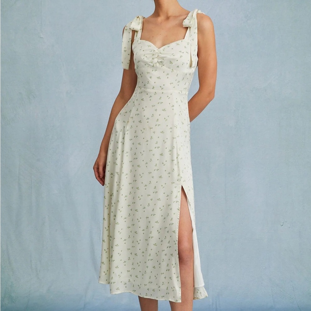 Rihoas Cream and Light Green Satin Floral Tie Strap Slit Midi Dress